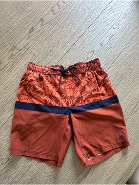 Coolibar Orange Floral Athletic Swim Shorts with Navy Band